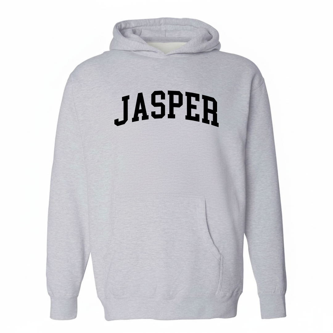 Heather-gray hoodie with the Jasper arched lettering varsity-collegiate design on the chest.