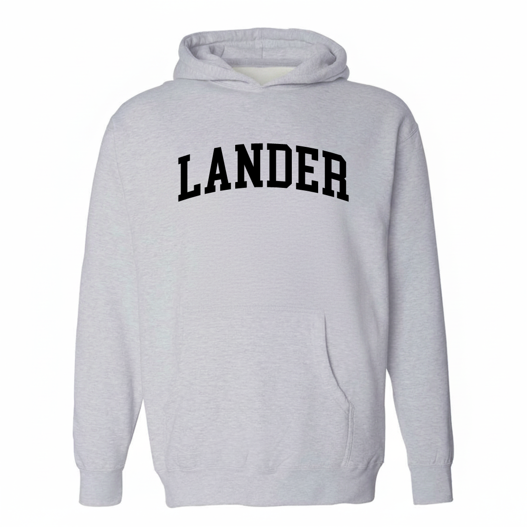 Heather-gray hoodie with the Lander arched varsity lettering design on the chest.