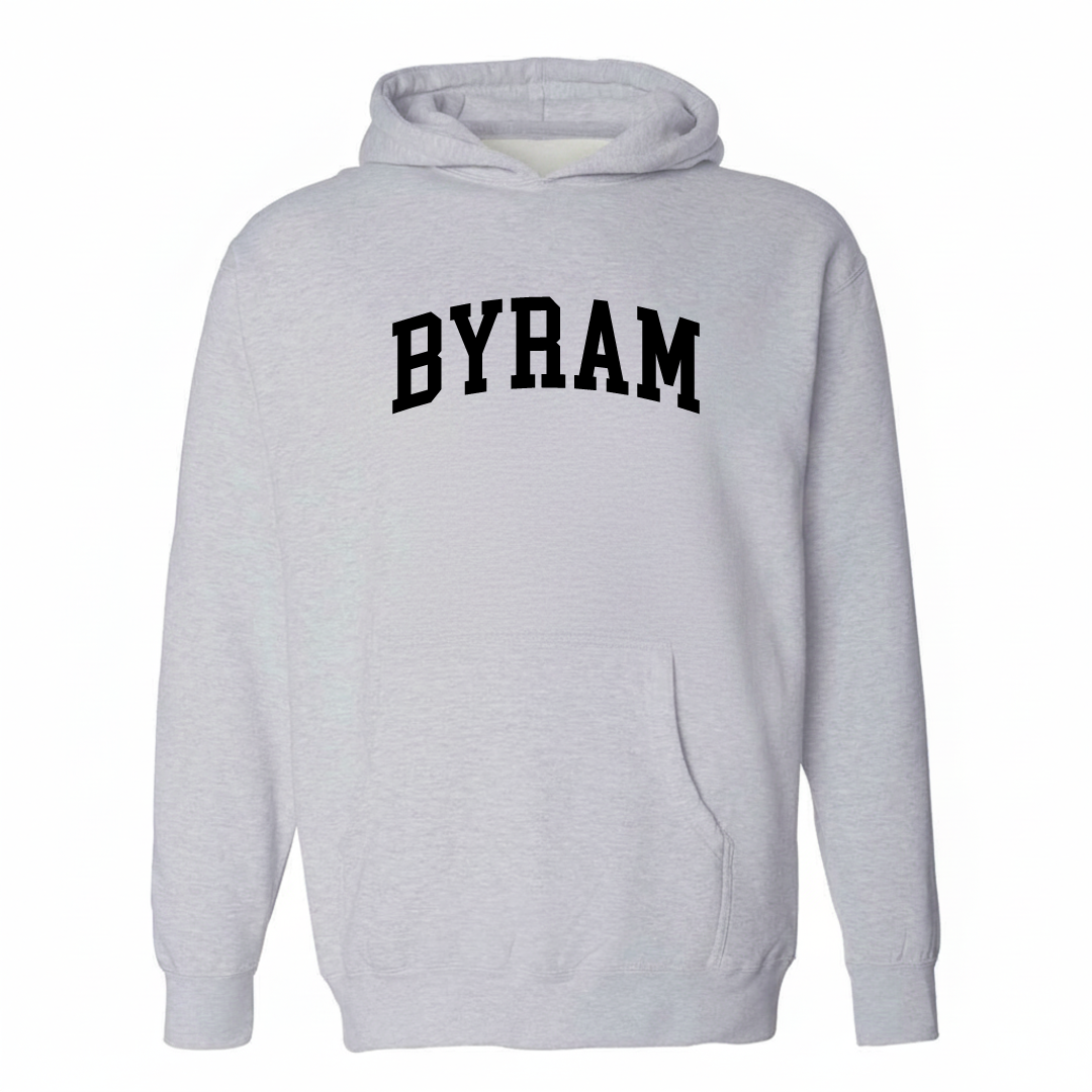 Heather-gray hoodie with the Byram varsity arched lettering design on the chest.