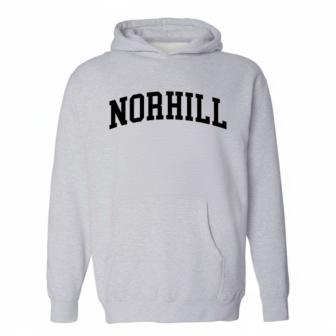 Heather-gray hoodie with the Norhill varsity arched lettering design on the chest.