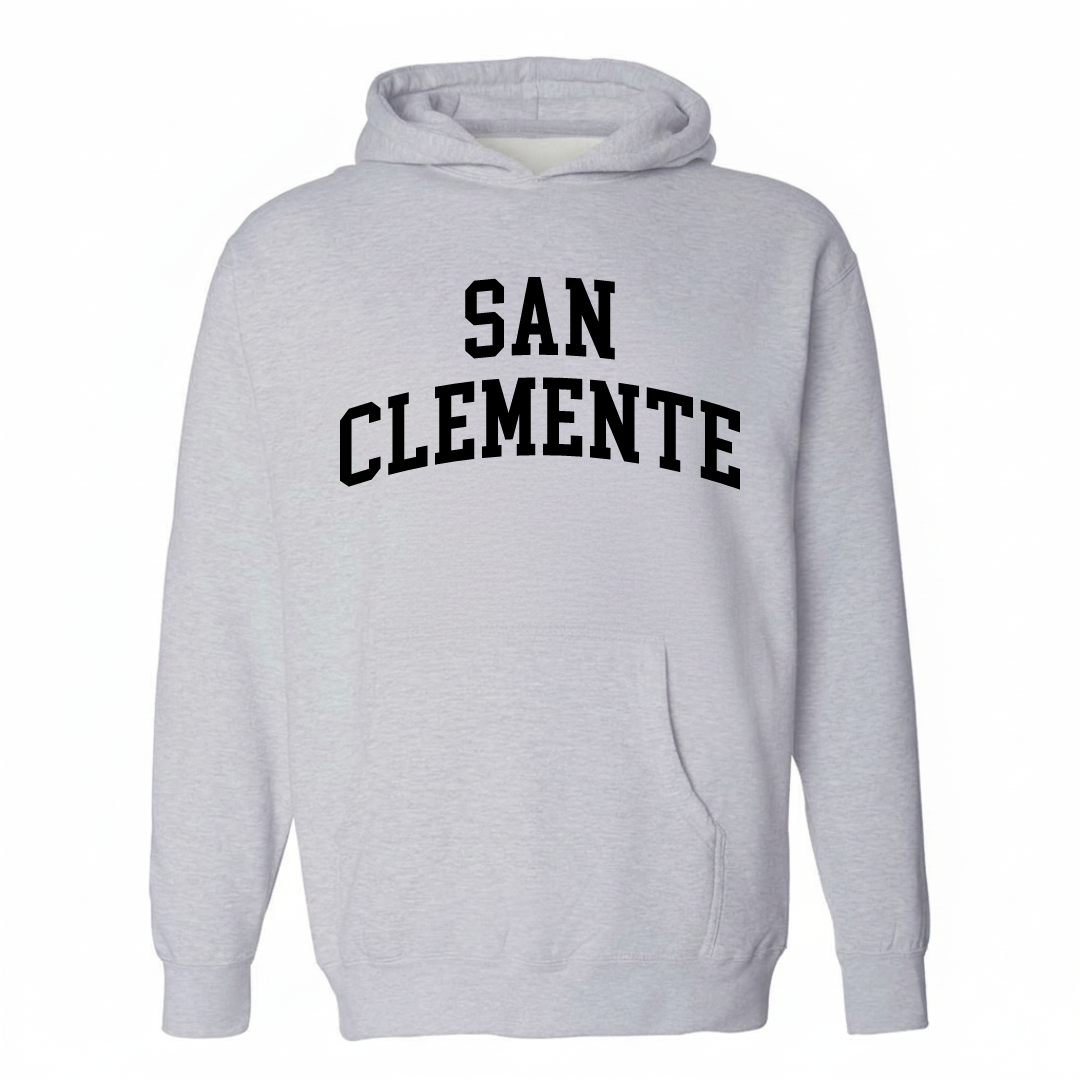 Heather-gray hoodie with the San Clemente arched lettering varsity design on the chest.