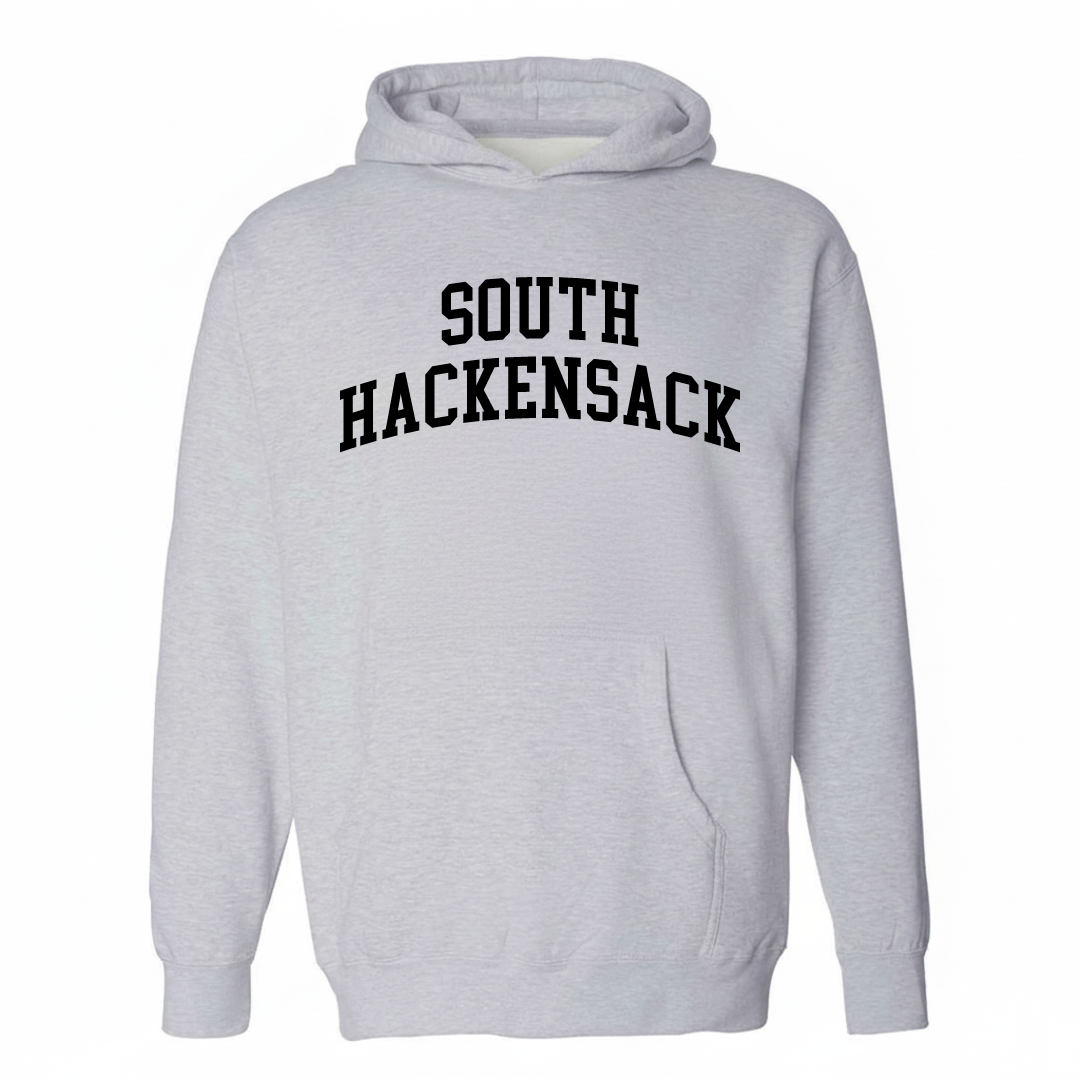 Heather-gray hoodie with the South Hackensack varsity arched lettering design on the chest.