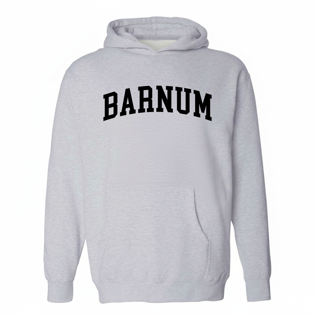 Heather-gray hoodie with the Barnum Denver varsity arched lettering design on the chest.