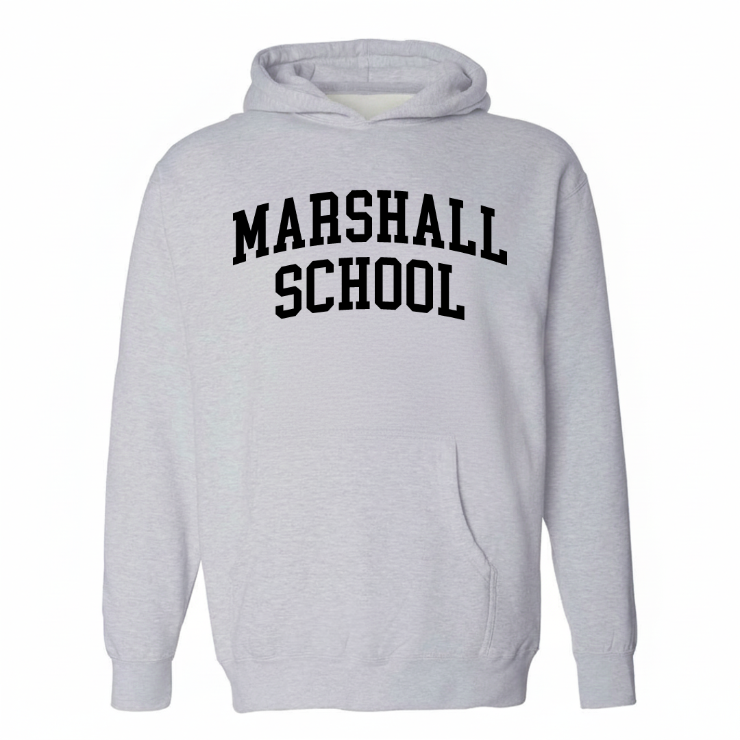 Heather-gray hoodie with the Marshall School varsity arched lettering design on the chest.