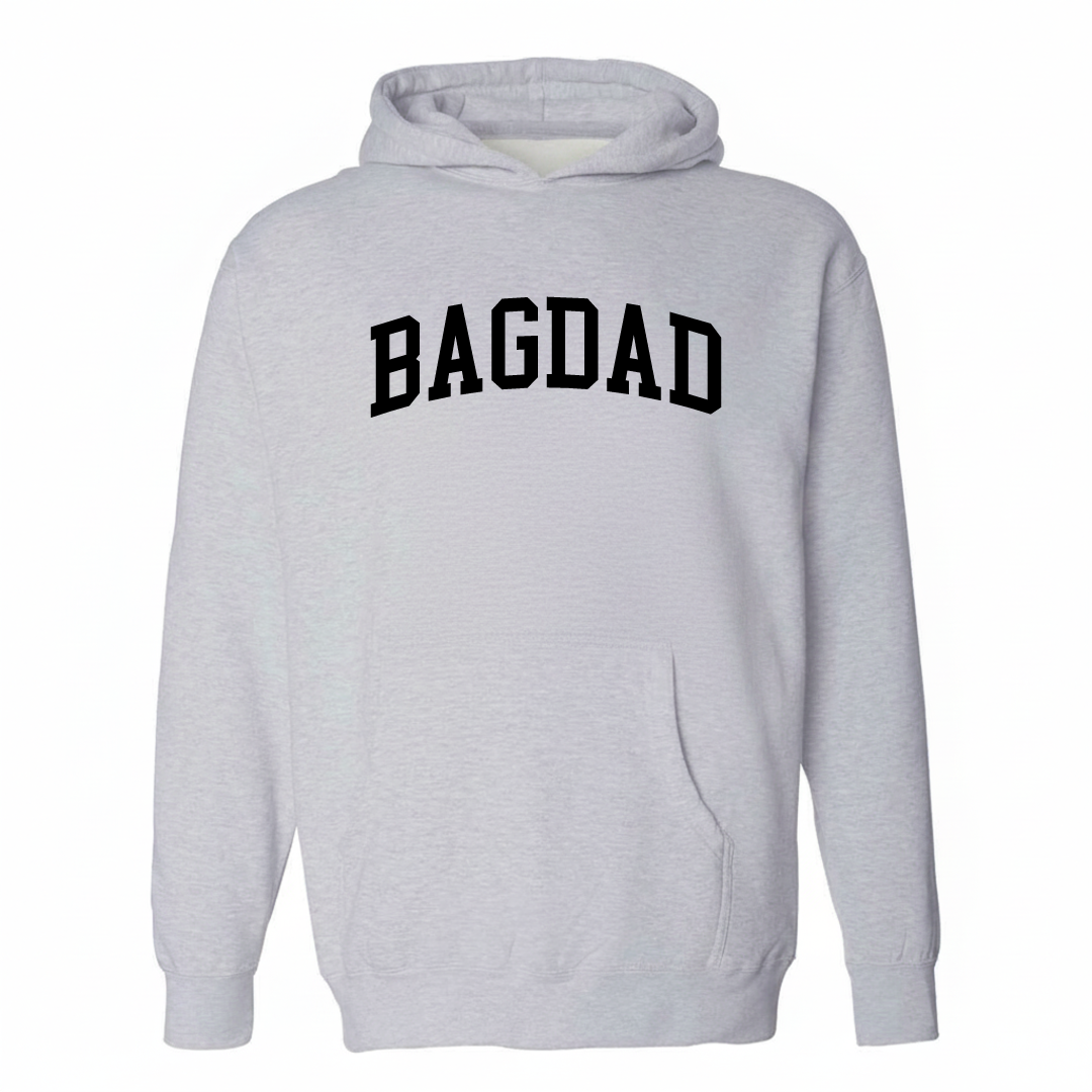Heather-gray hoodie with the Bagdad varsity arched lettering design on the chest.