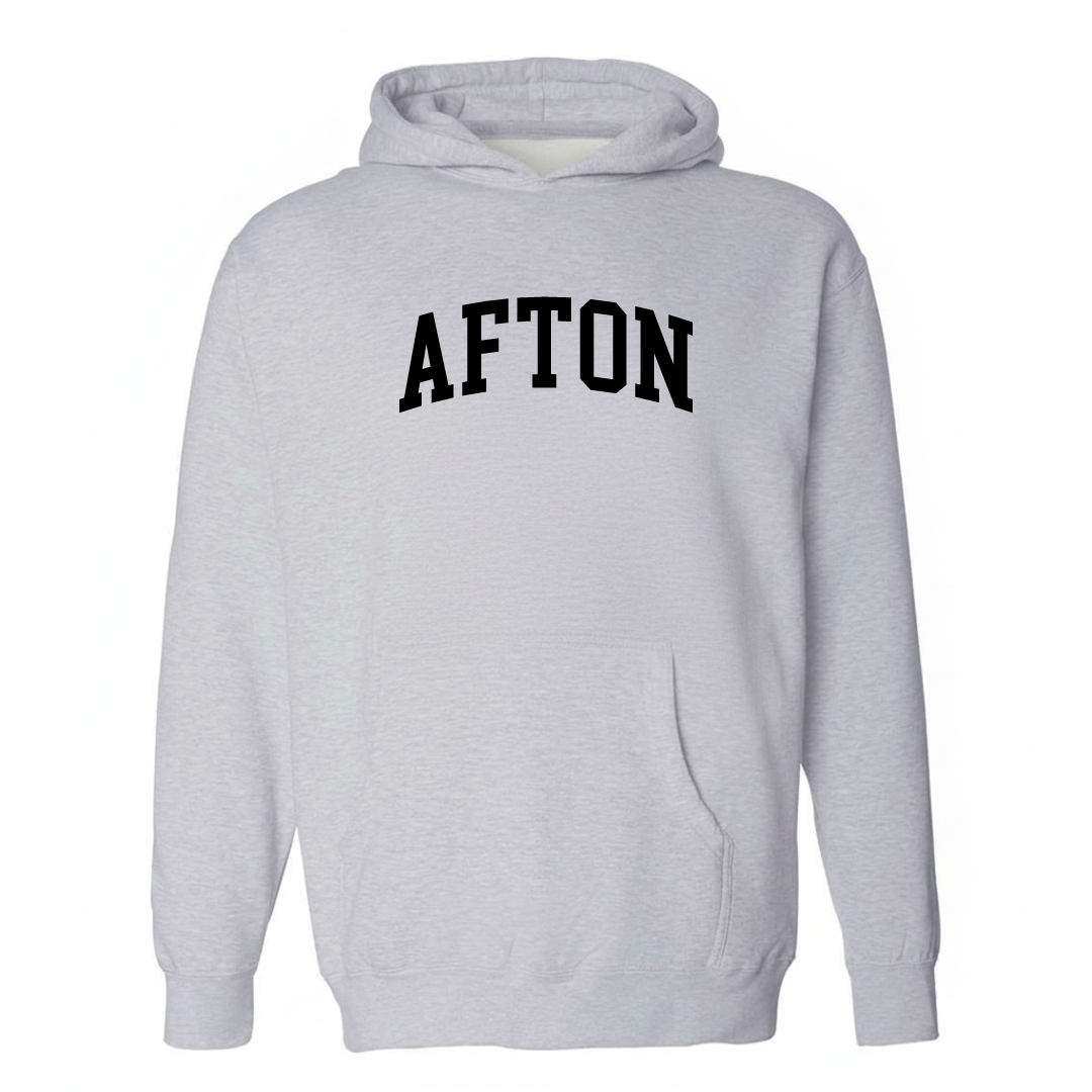 Heather-gray hoodie with the Afton varsity arched lettering design on the chest.