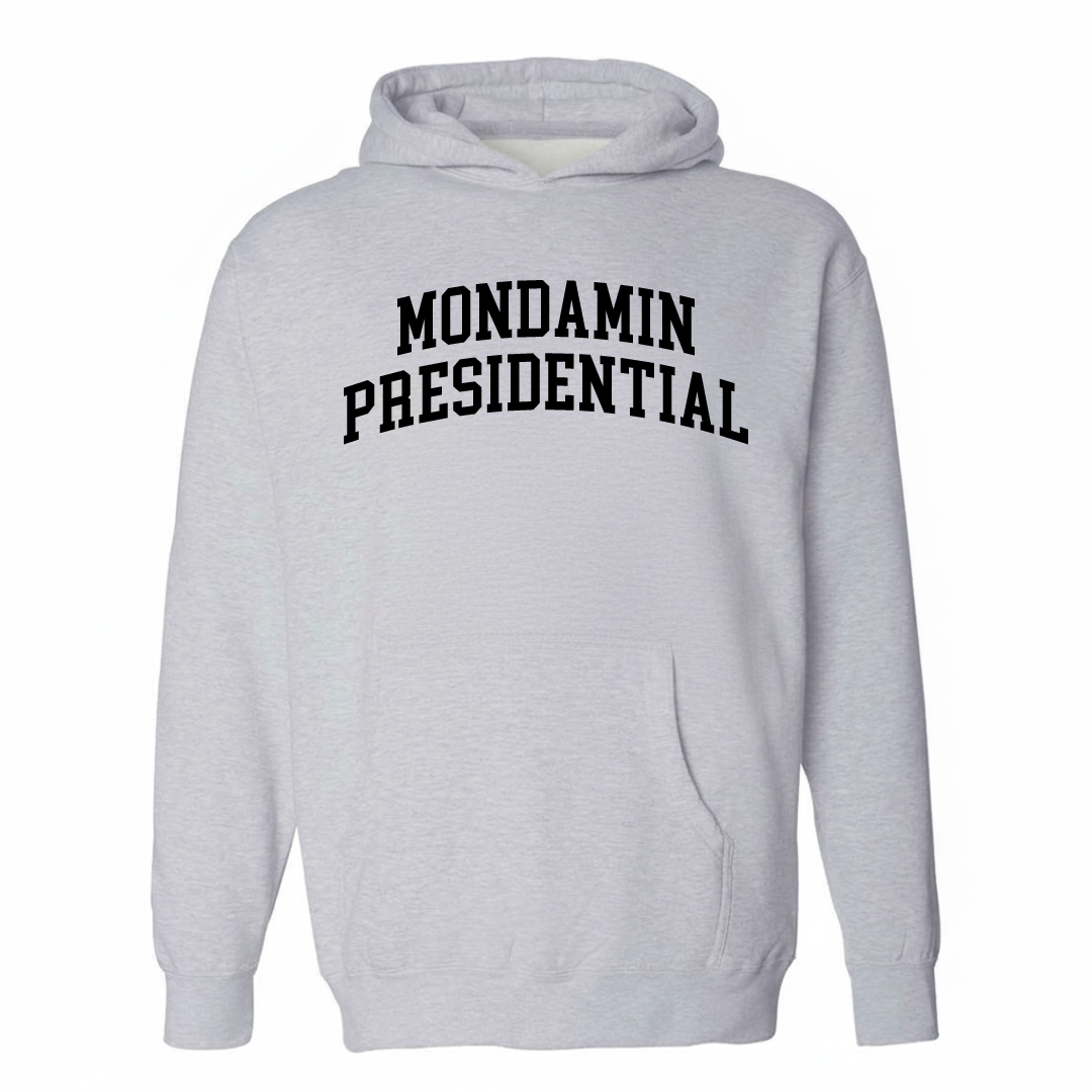 Heather-gray hoodie with the Mondamin Presidential varsity arched lettering design on the chest.