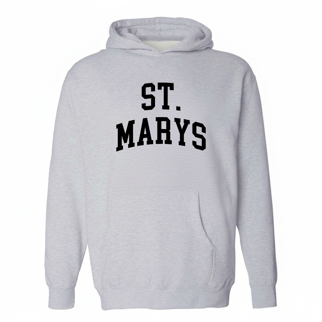 Heather-gray hoodie with the St. Marys varsity arched lettering design on the chest.