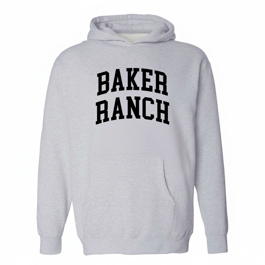 Heather-gray hoodie with the Baker Ranch varsity arched lettering design on the chest.