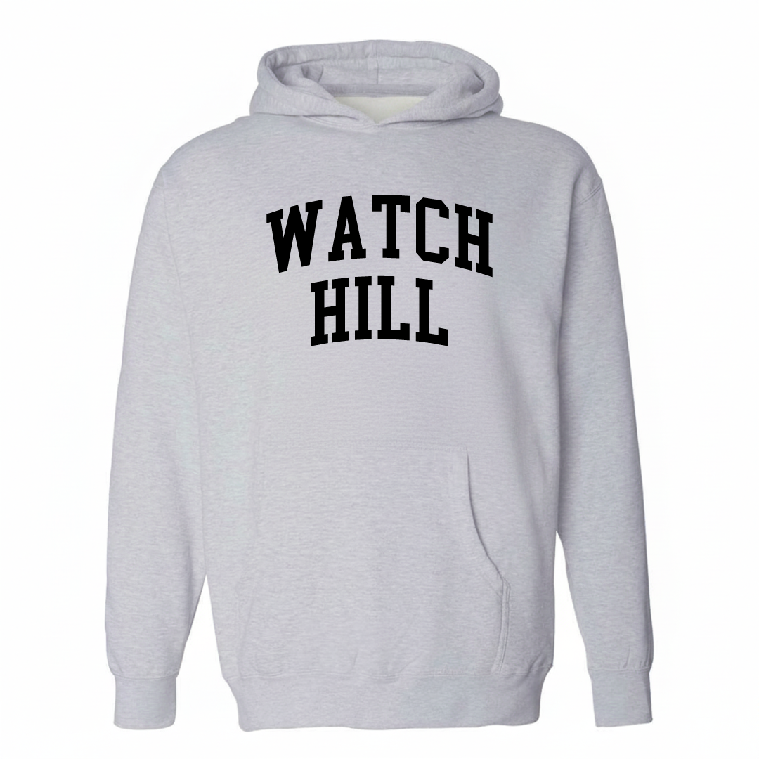 Heather-gray hoodie with the Watch Hill varsity arched lettering design on the chest.