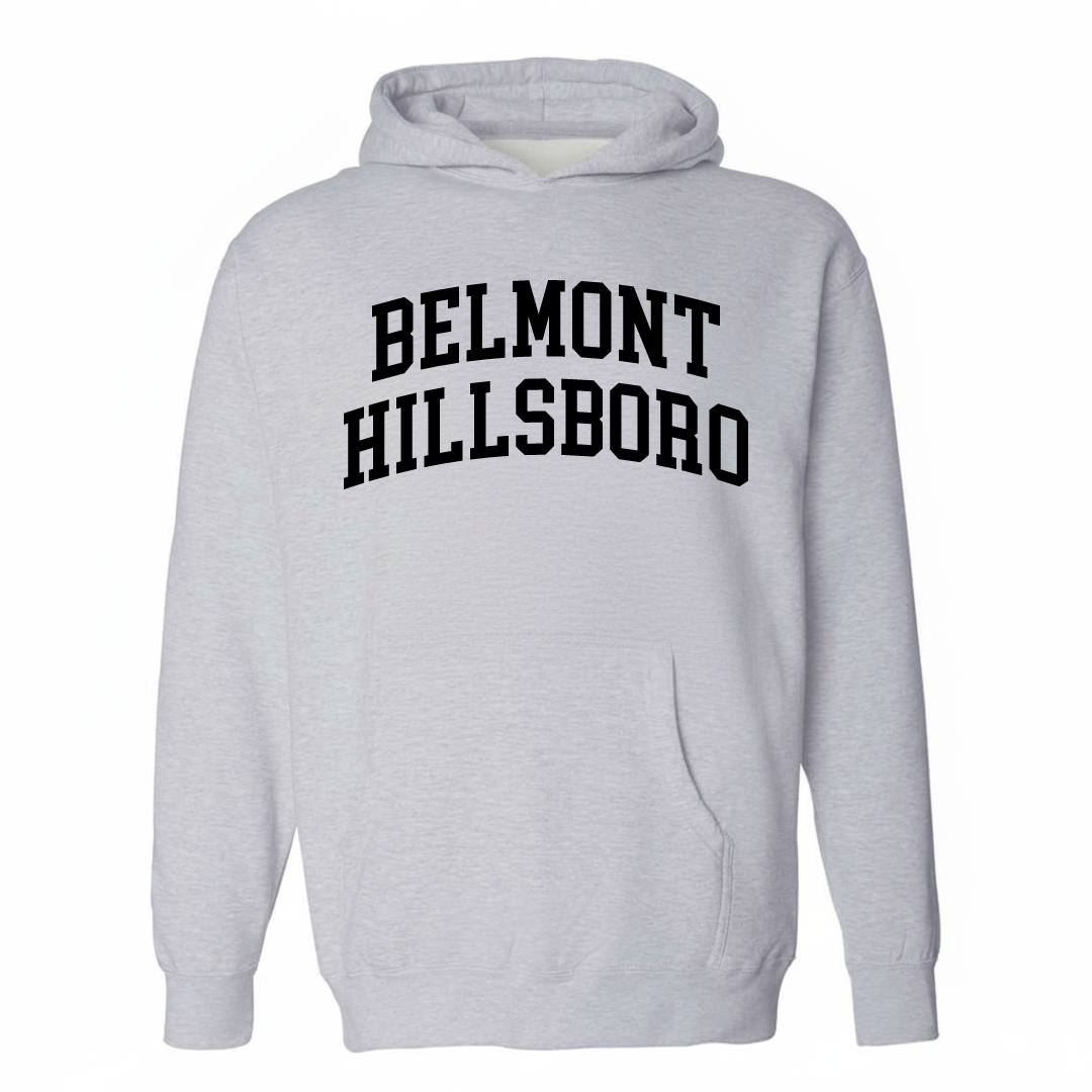 Heather-gray hoodie with the Belmont-Hillsboro varsity arched lettering design on the chest.
