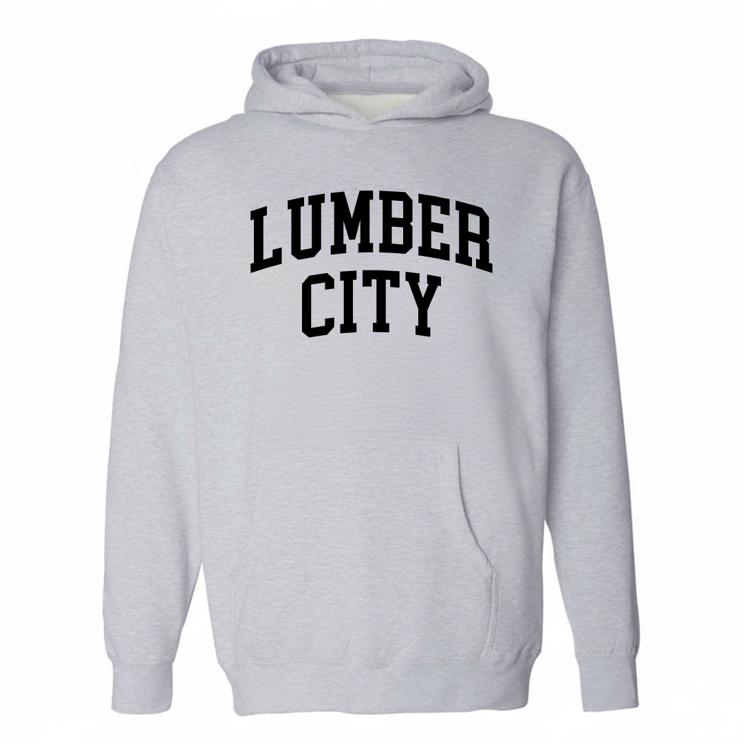 Heather-gray hoodie with the Lumber City arched varsity lettering design on the chest.