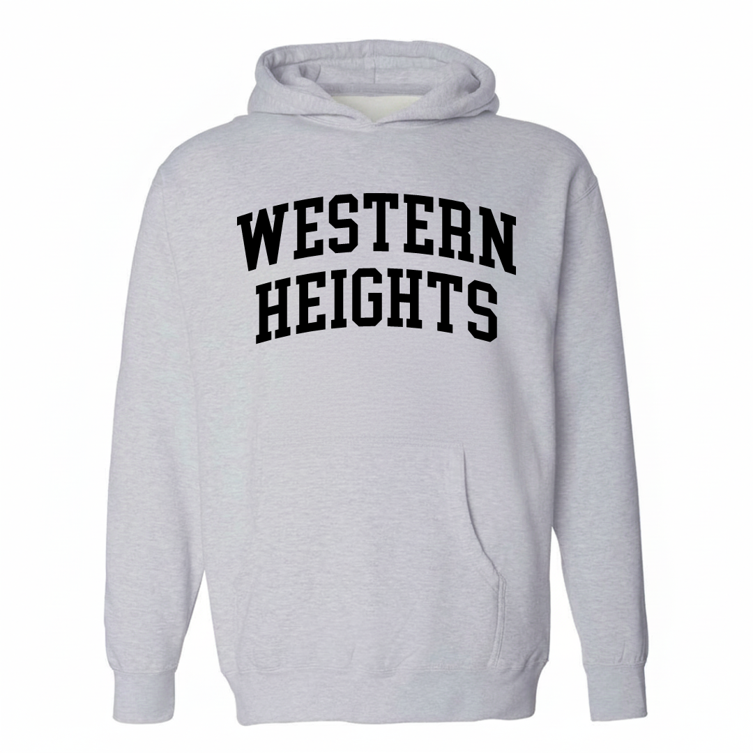 Heather-gray hoodie with the Western Heights varsity arched lettering design on the chest.