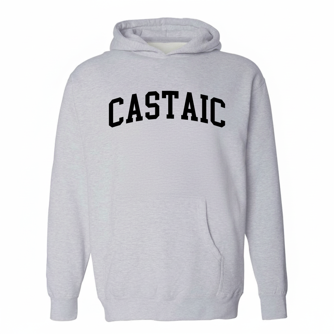Heather-gray hoodie with the Castaic arched varsity lettering design on the chest.