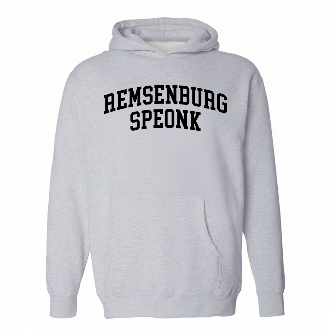 Heather-gray hoodie with the Remsenburg-Speonk varsity arched lettering design on the chest.