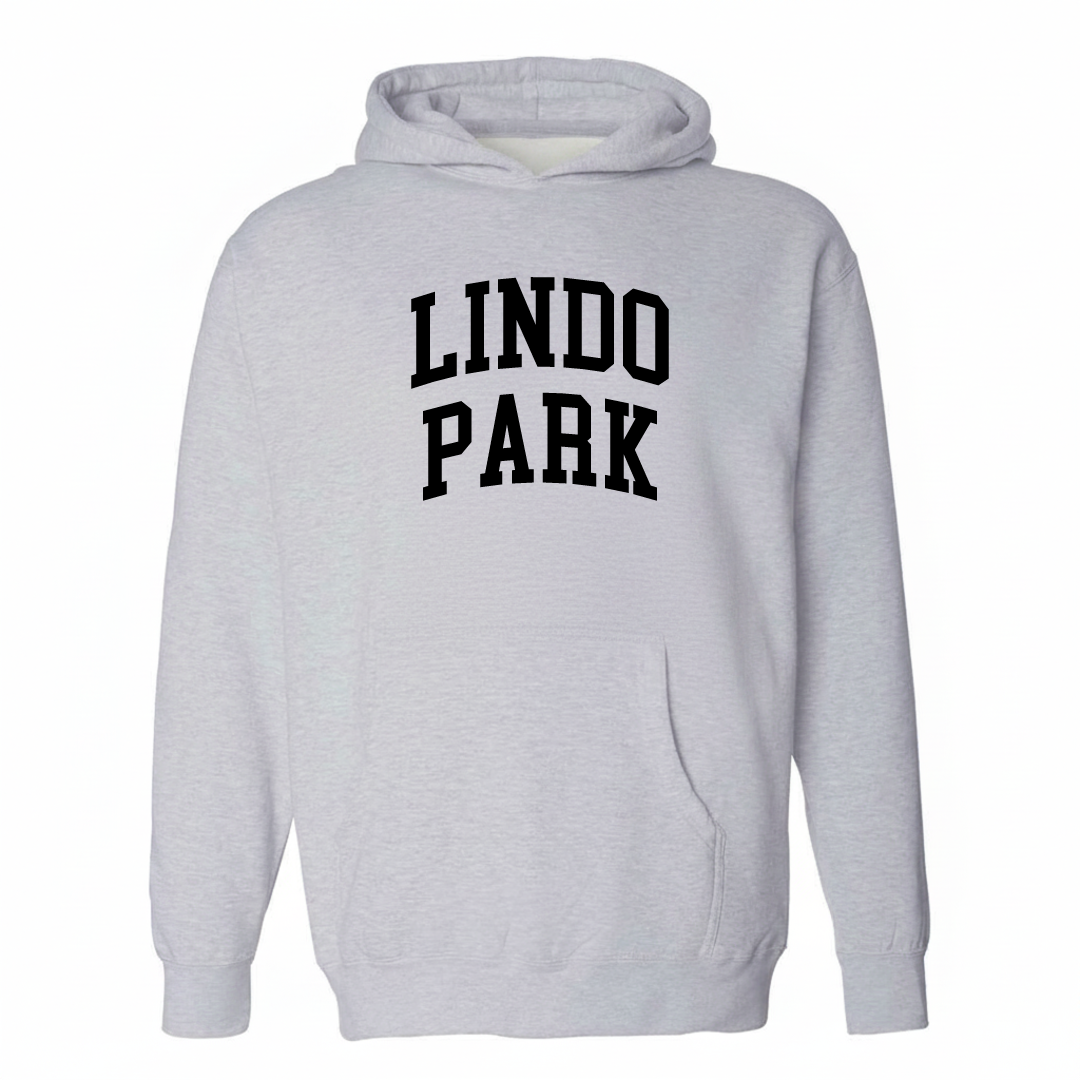 Heather-gray hoodie with the Lindo Park varsity arched lettering design on the chest.
