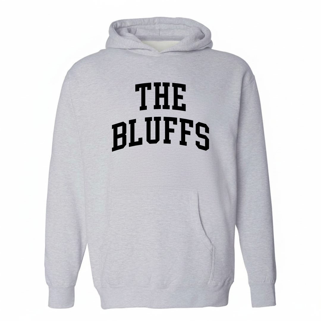 Heather-gray hoodie with The Bluffs arched lettering design on the chest.