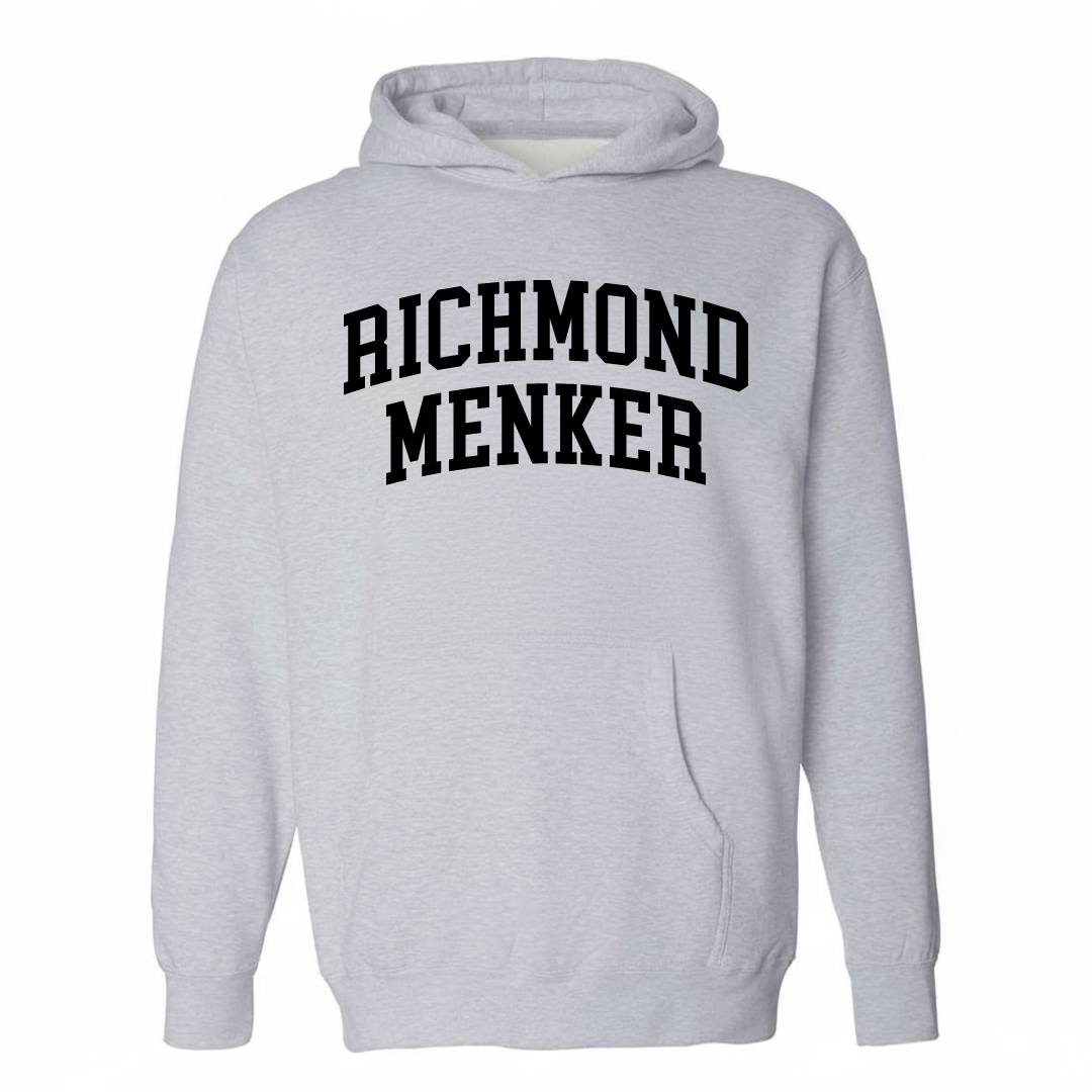 Heather-gray hoodie with the Richmond Menker varsity arched lettering design on the chest.