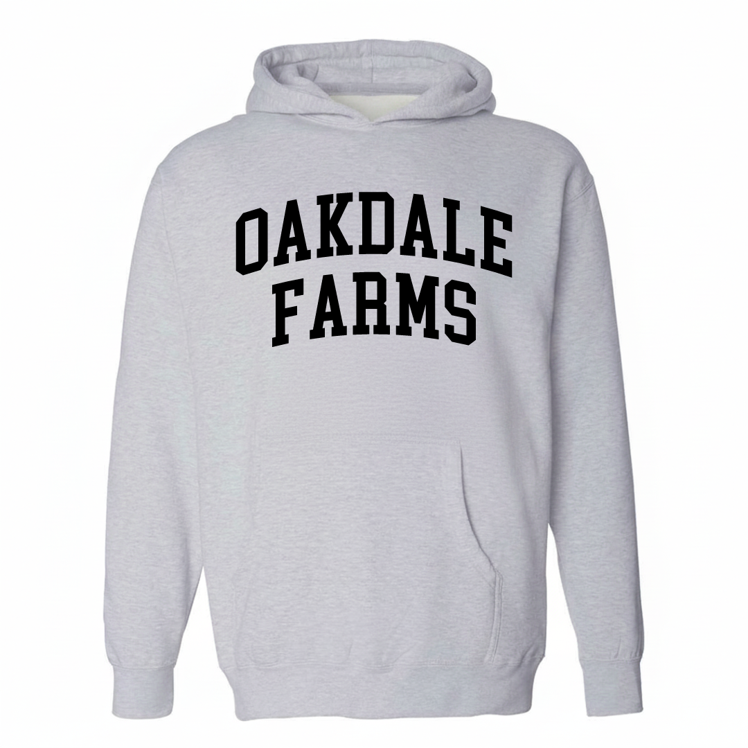 Heather-gray hoodie with the Oakdale Farms varsity arched lettering design on the chest.