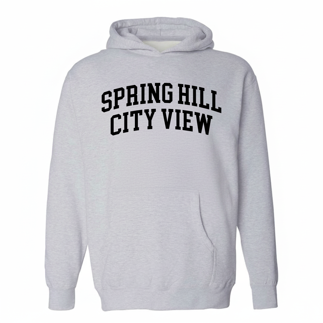 Heather-gray hoodie with the Spring Hill-City View varsity arched lettering design on the chest.
