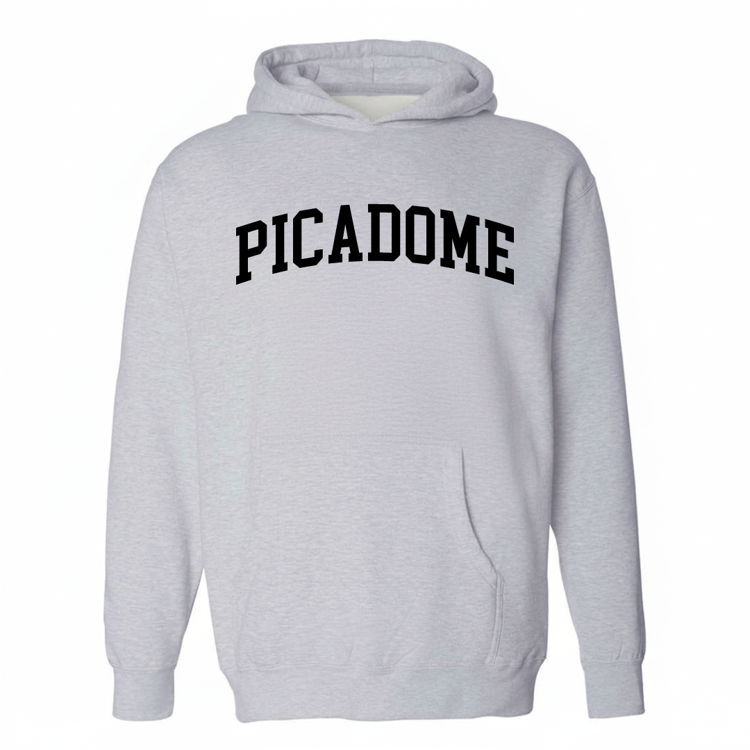Heather-gray hoodie with the Picadome varsity arched lettering design on the chest.