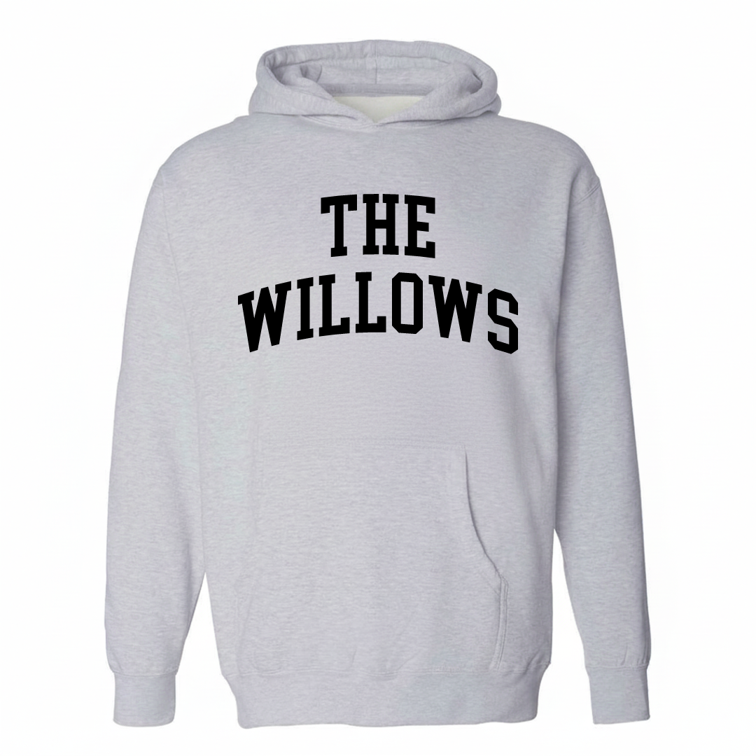 Heather-gray hoodie with The Willows varsity arched lettering design on the chest.