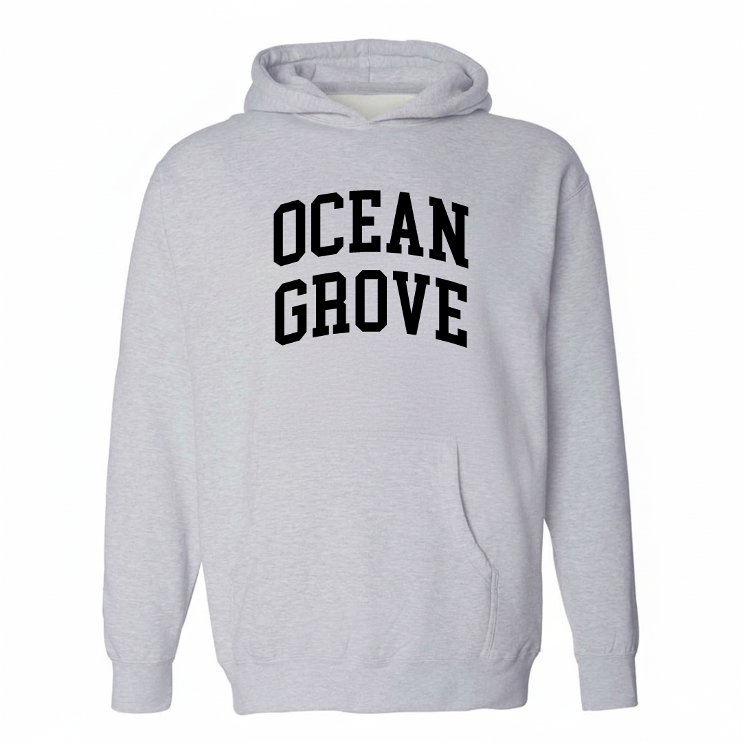 Heather-gray hoodie with the Ocean Grove arched varsity lettering design on the chest.