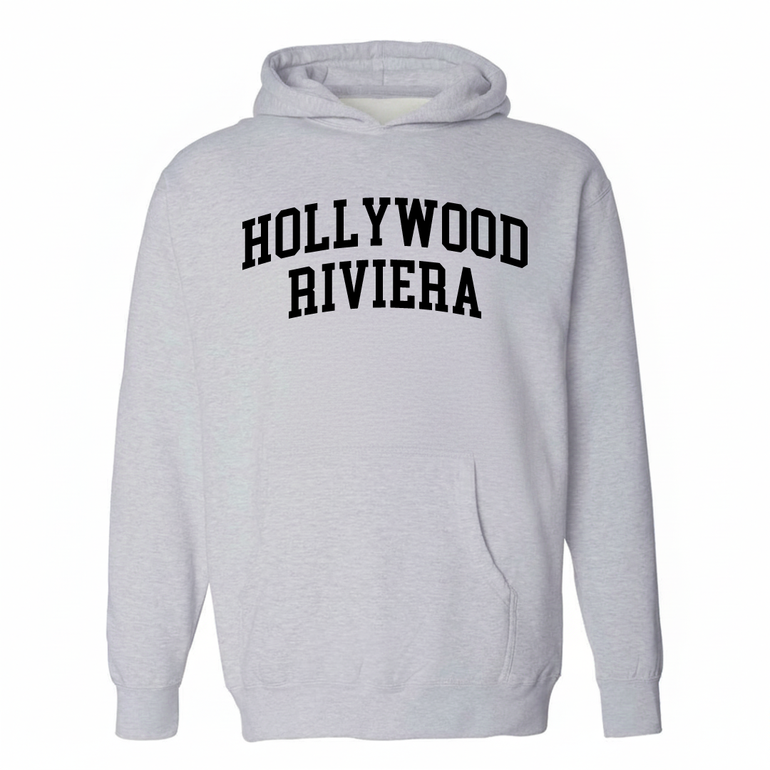 Heather-gray hoodie with the Hollywood Riviera varsity arched lettering design on the chest.
