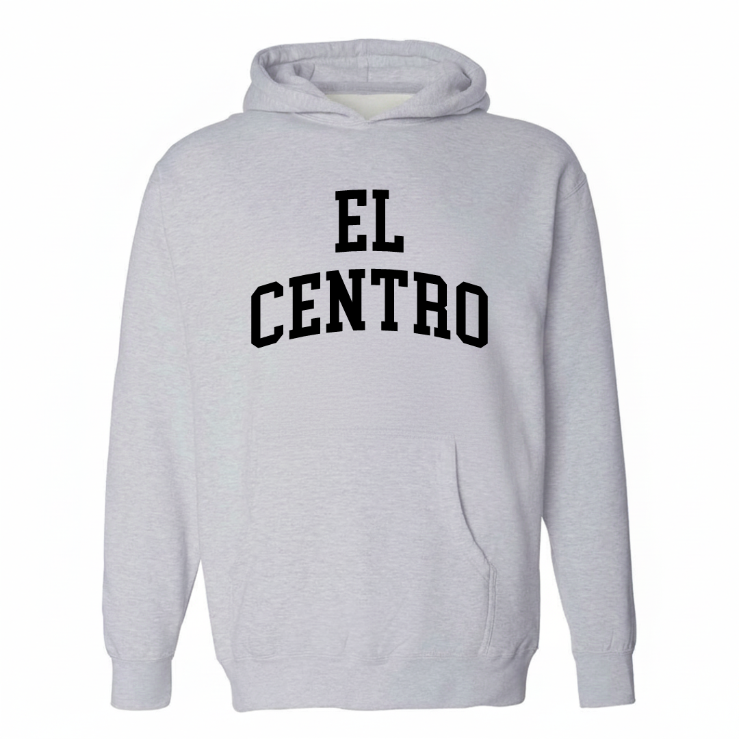 Heather-gray hoodie with the El Centro arched varsity lettering design on the chest.