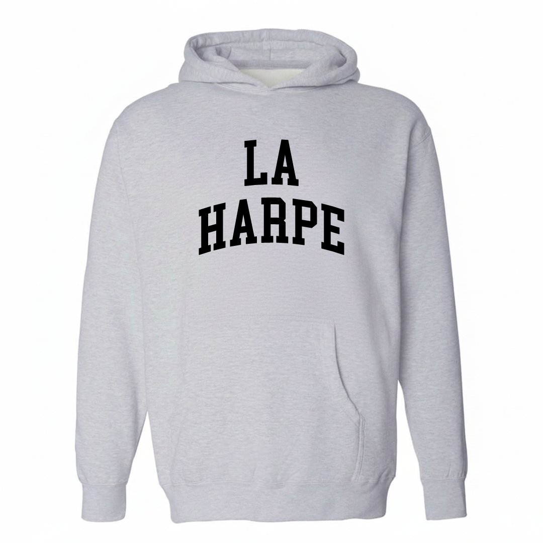 Heather-gray hoodie with the La Harpe varsity arched lettering design on the chest.