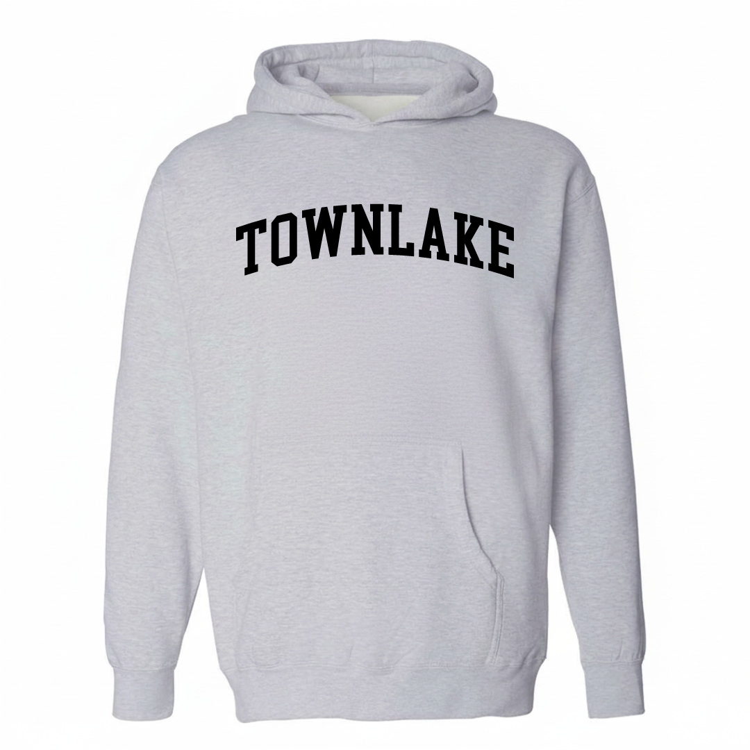 Heather-gray hoodie with the Townlake varsity arched lettering design on the chest.