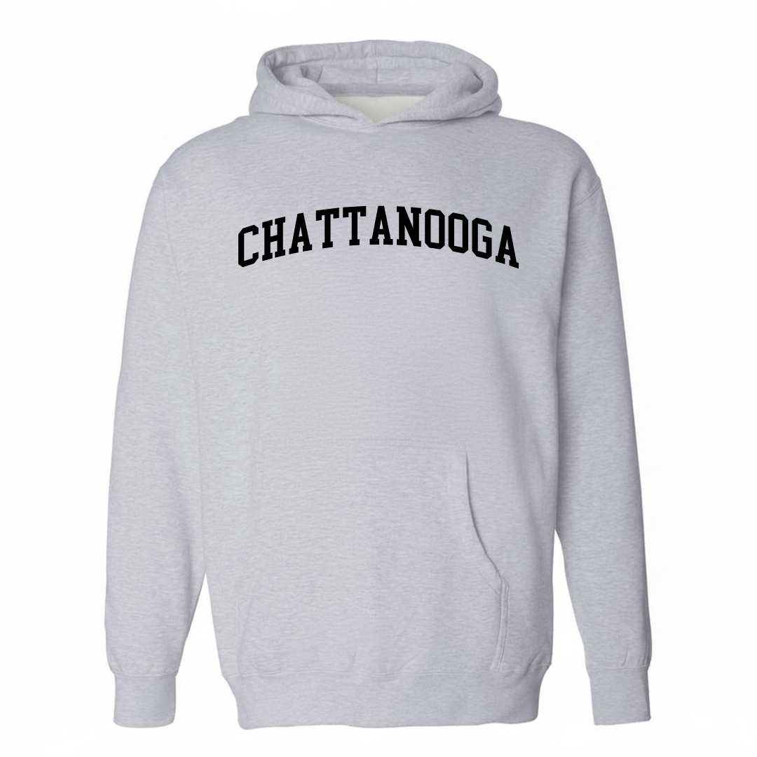 Heather-gray hoodie with the Chattanooga arched lettering design on the chest.