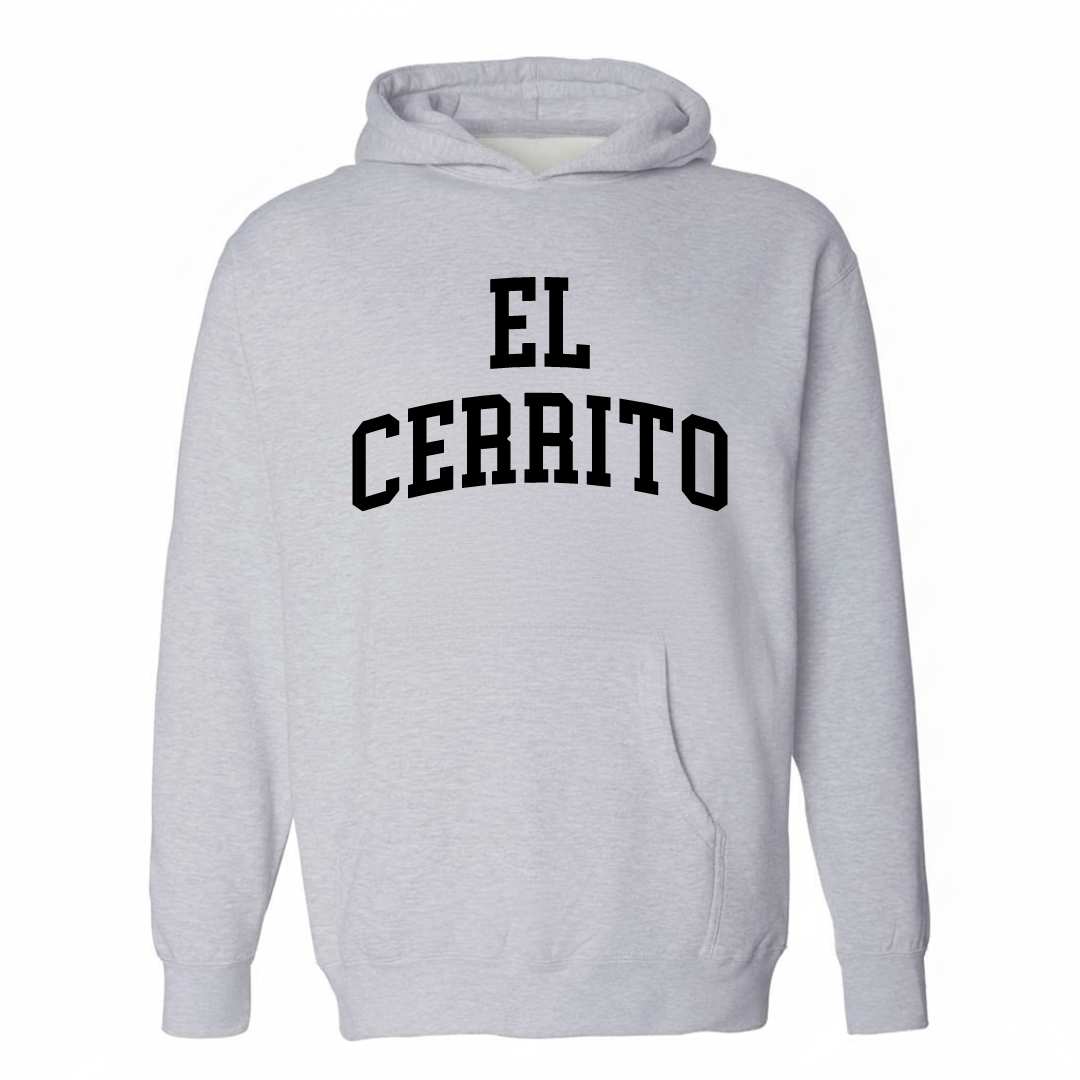 Heather-gray hoodie with the El Cerrito varsity arched lettering design on the chest.