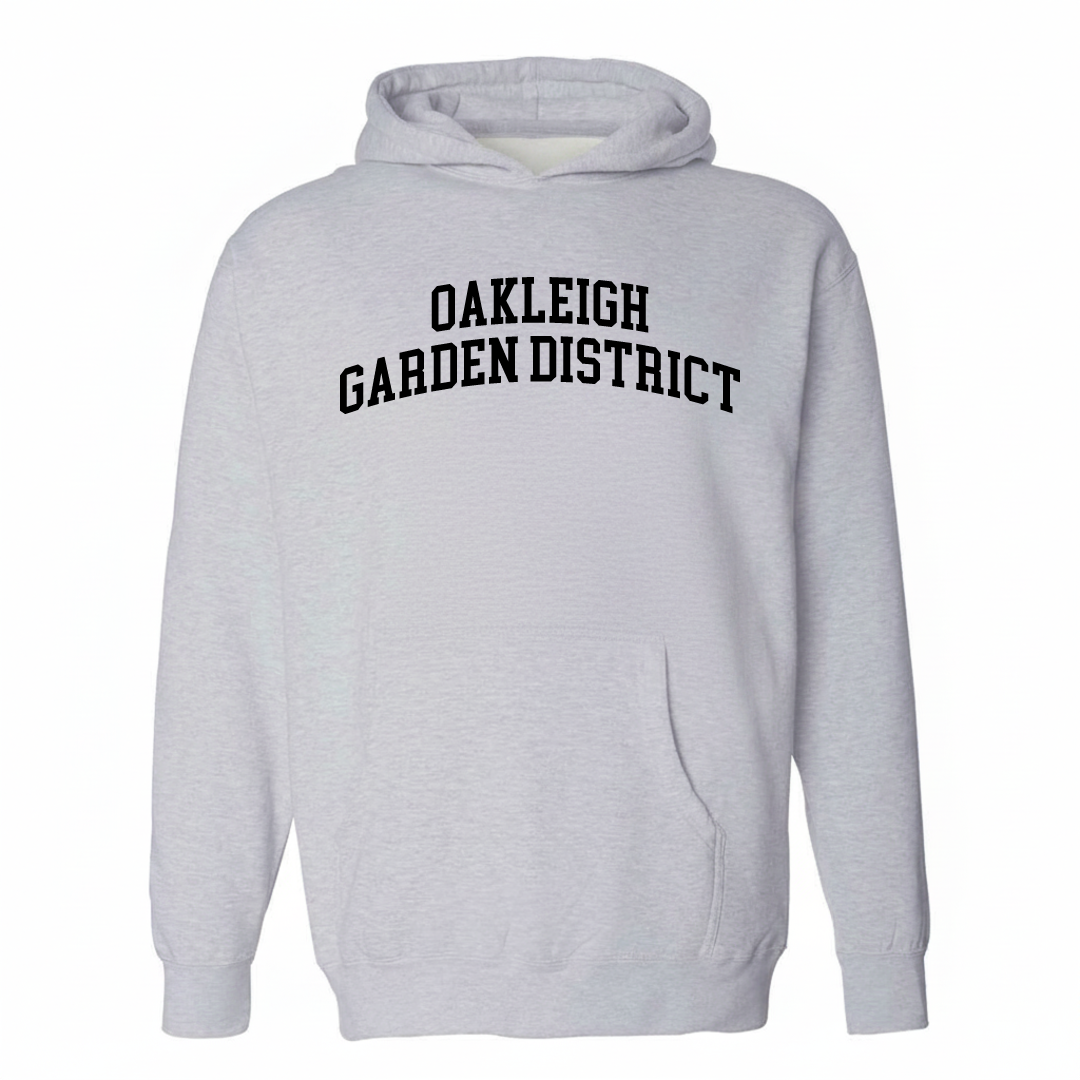 Heather-gray hoodie with the Oakleigh Garden District varsity arched lettering design on the chest.