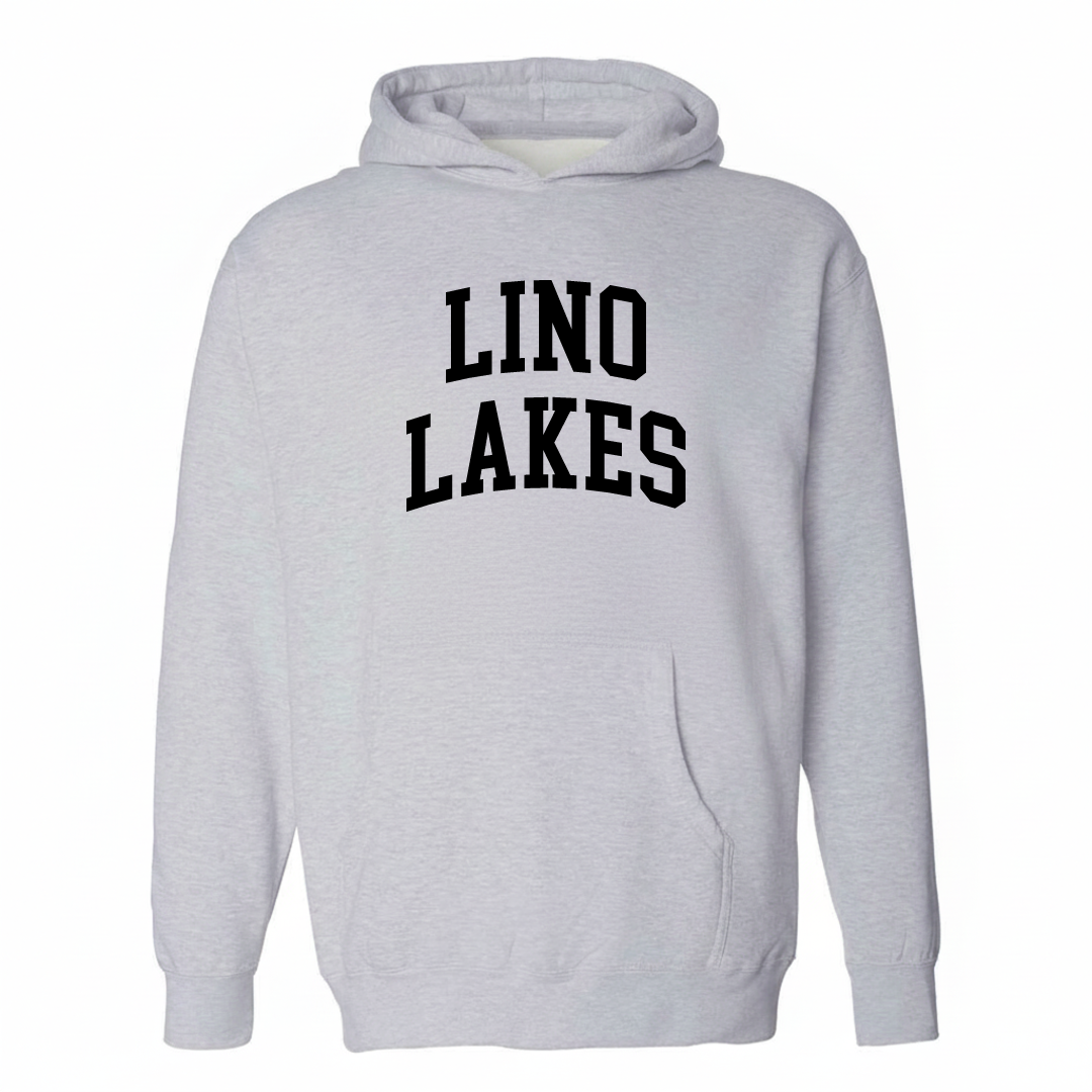 Heather-gray hoodie with the Lino Lakes arched lettering varsity-collegiate design on the chest.