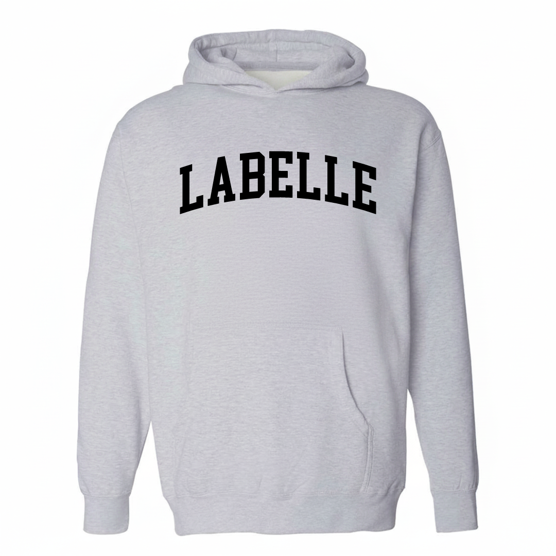 Heather-gray hoodie with the LaBelle arched varsity lettering design on the chest.