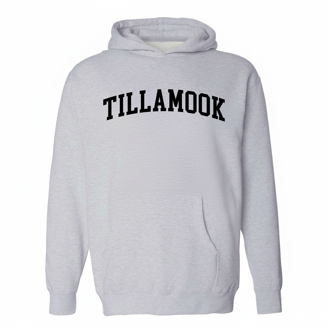 Heather-gray hoodie with the Tillamook arched lettering varsity-collegiate design on the chest.