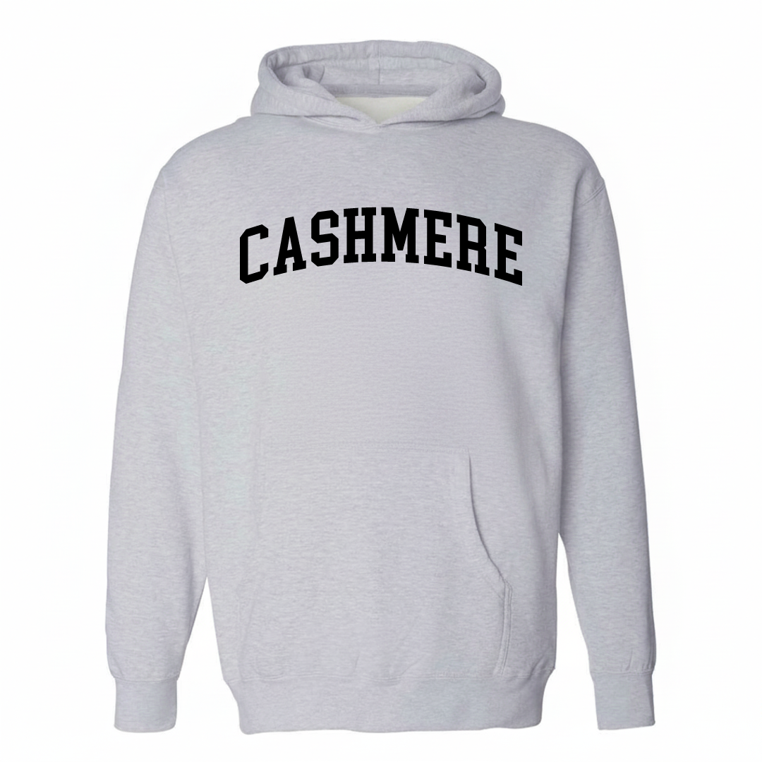 Heather-gray hoodie with the Cashmere varsity arched lettering design on the chest.