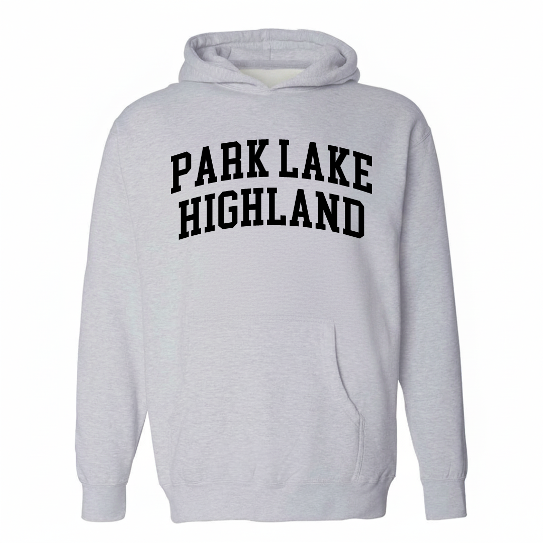 Heather-gray hoodie with the Park Lake-Highland arched lettering design on the chest.