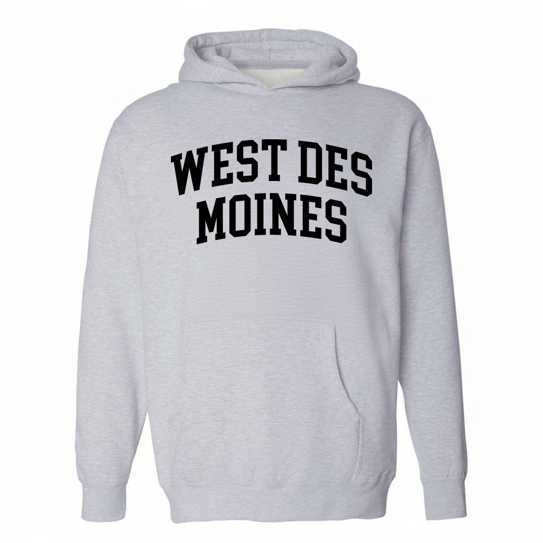 Heather-gray hoodie with the West Des Moines varsity arched lettering design on the chest.