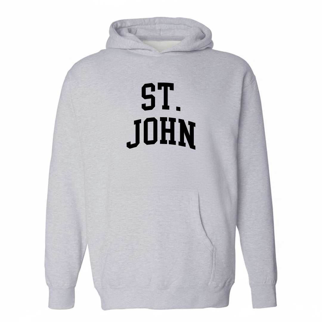 Heather-gray hoodie with the St. John varsity arched lettering design on the chest.