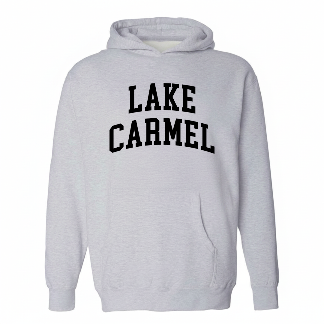 Heather-gray hoodie with the Lake Carmel varsity arched lettering design on the chest.