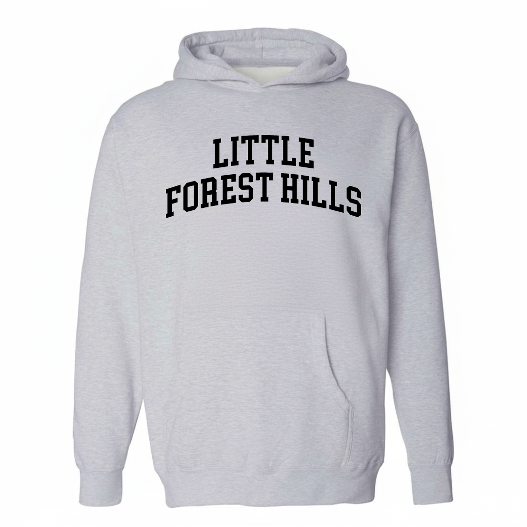 Heather-gray hoodie with the Little Forest Hills varsity arched lettering design on the chest.