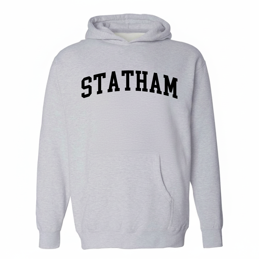 Heather-gray hoodie with the Statham arched varsity lettering design on the chest.
