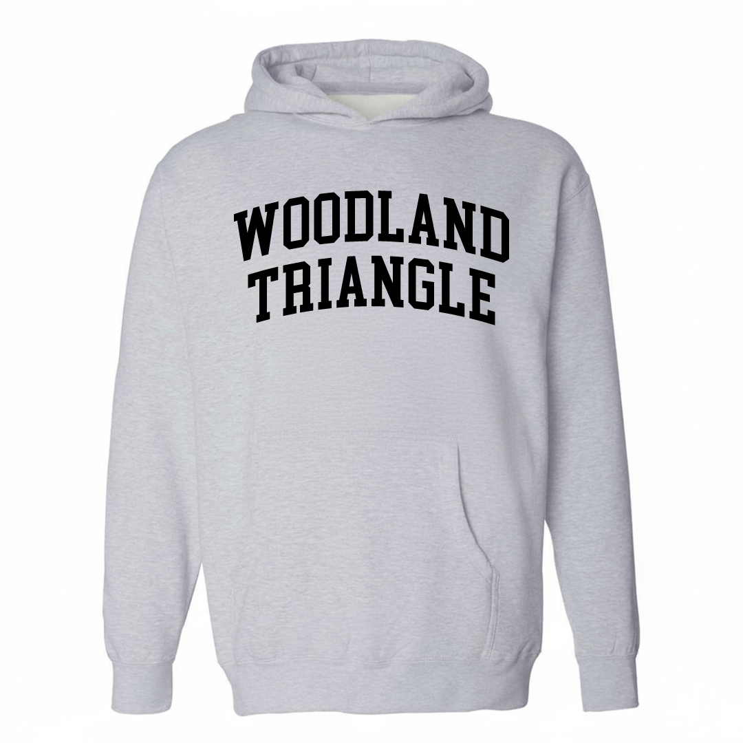Heather-gray hoodie with the Woodland Triangle varsity arched lettering design on the chest.