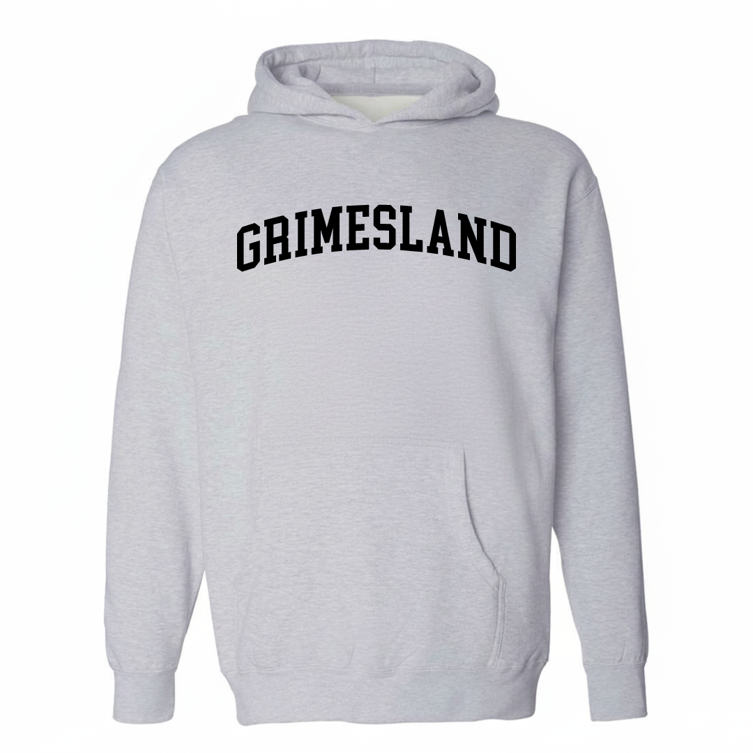 Heather-gray hoodie with the Grimesland varsity arched lettering design on the chest.