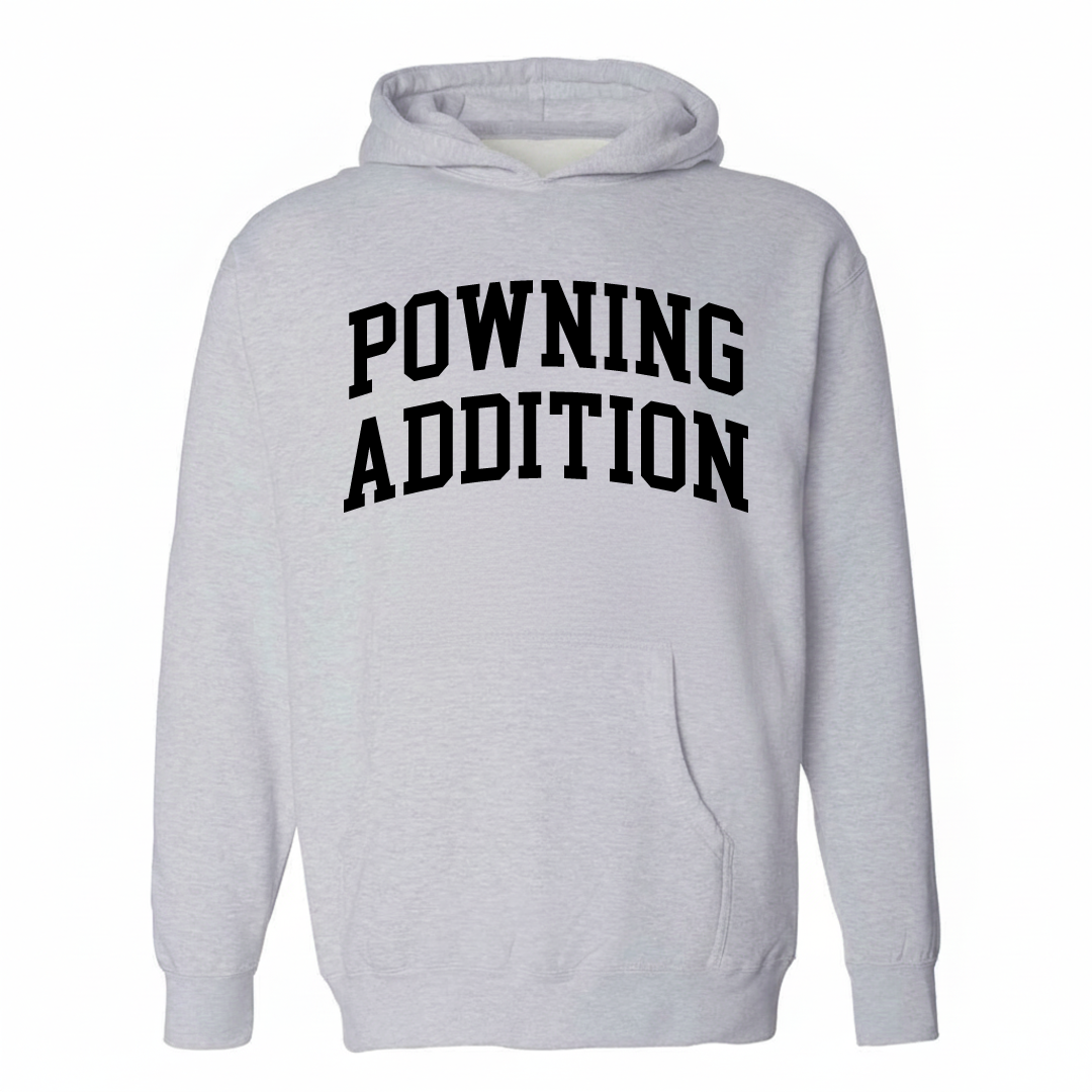 Heather-gray hoodie with the Powning Addition varsity arched lettering design on the chest.
