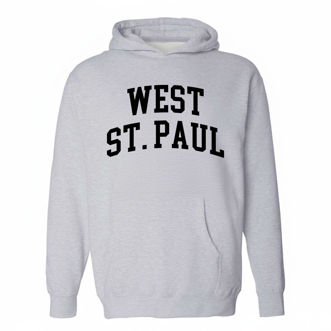 Heather-gray hoodie with the West St. Paul varsity arched lettering design on the chest.