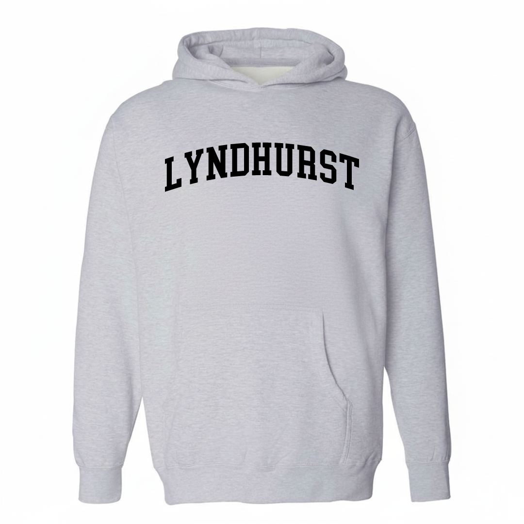 Heather-gray hoodie with the Lyndhurst varsity arched lettering design on the chest.