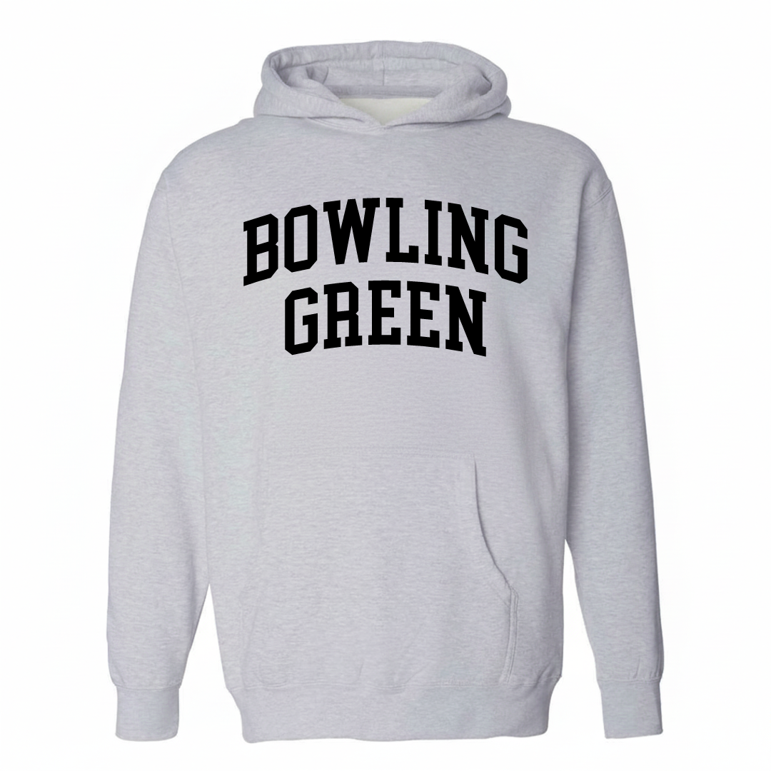 Heather-gray hoodie with the Bowling Green arched lettering design on the chest.